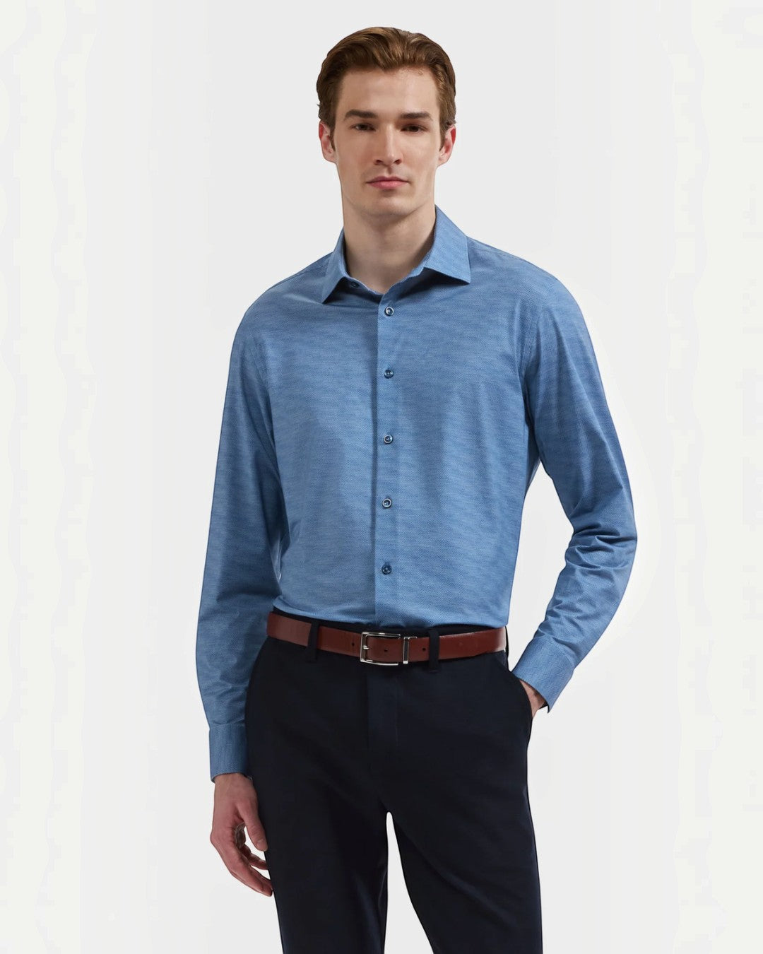 James OoohCotton Herringbone Shirt in Marine Blue-S-Marine Blue-BUGATCHI-Levy's Clothier
