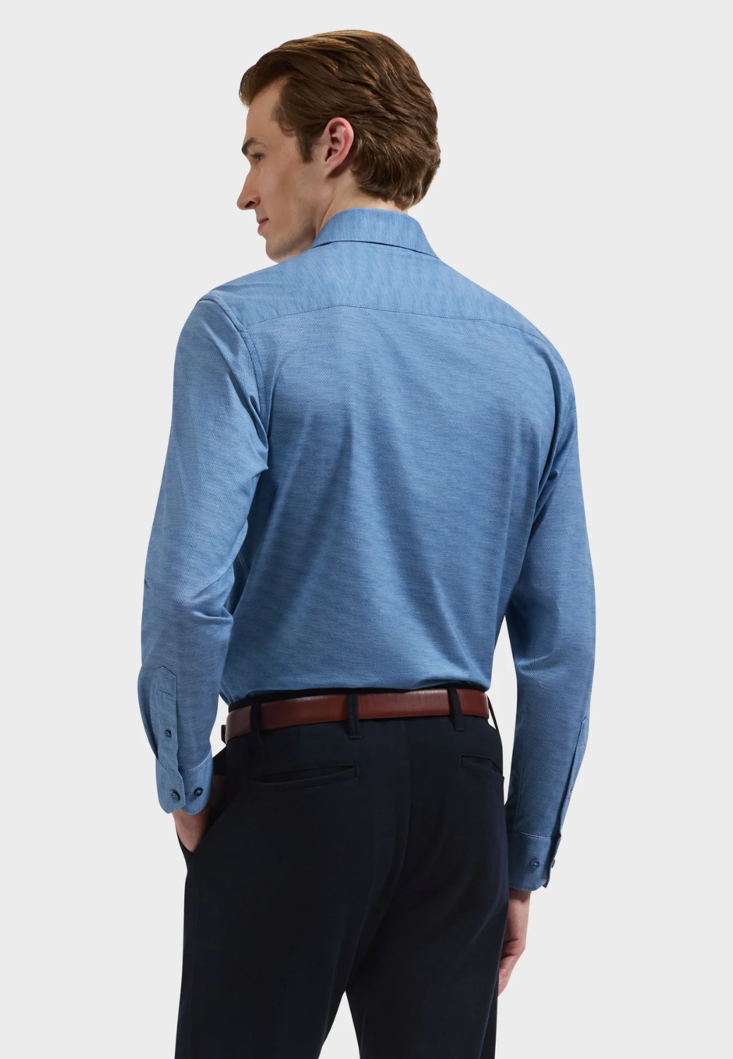 James OoohCotton Herringbone Shirt-S-Marine Blue-BUGATCHI-Levy's Clothier