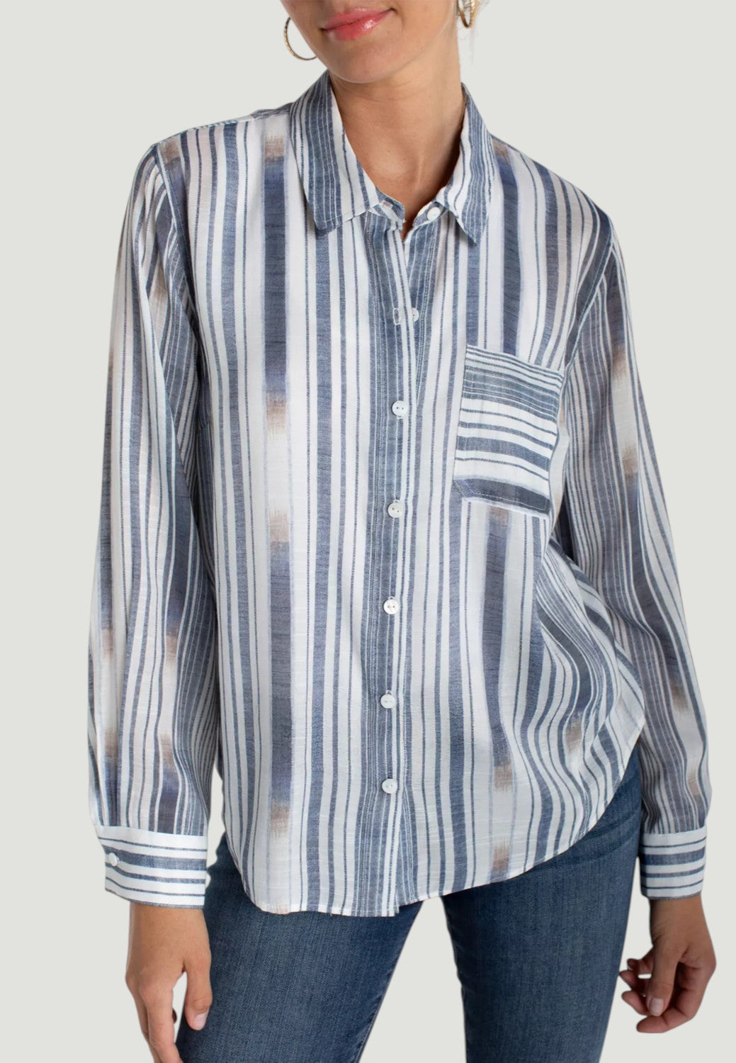 Long Sleeve Button Front Woven Shirt - White Chambray Stripe-XS-WHITE CHAMBRAY-LIVERPOOL-Levy's Clothier