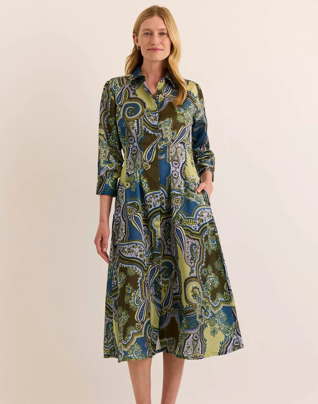 Martina 3/4 Sleeve Opulent Paisley Dress-XS-Olive-HINSON WU-Levy's Clothier