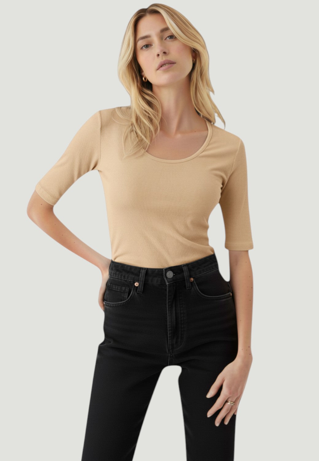 Soft Touch Elbow Sleeve Scoop Neck T-Shirt - Ecru-XS-ECRU-MAJESTIC TEES-Levy's Clothier