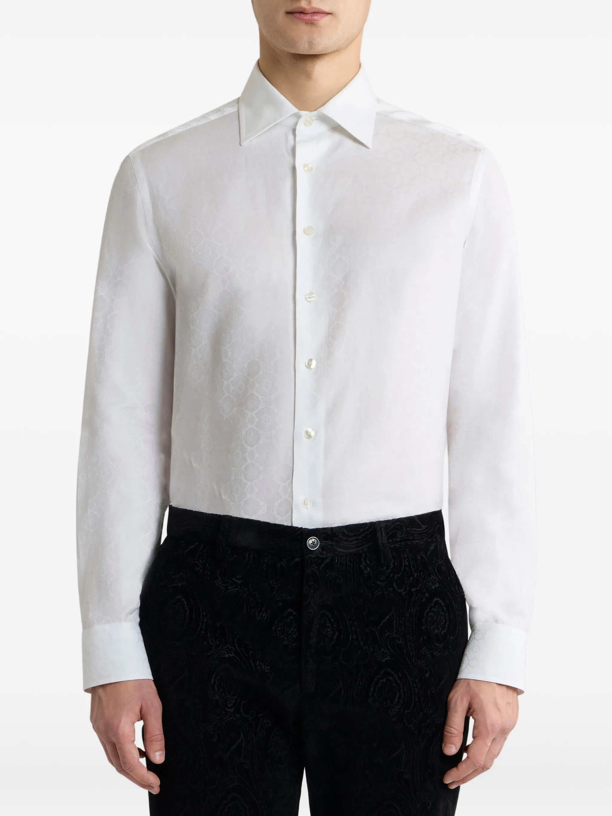 Cotton Jacquard Shirt with Medallion Motif - White