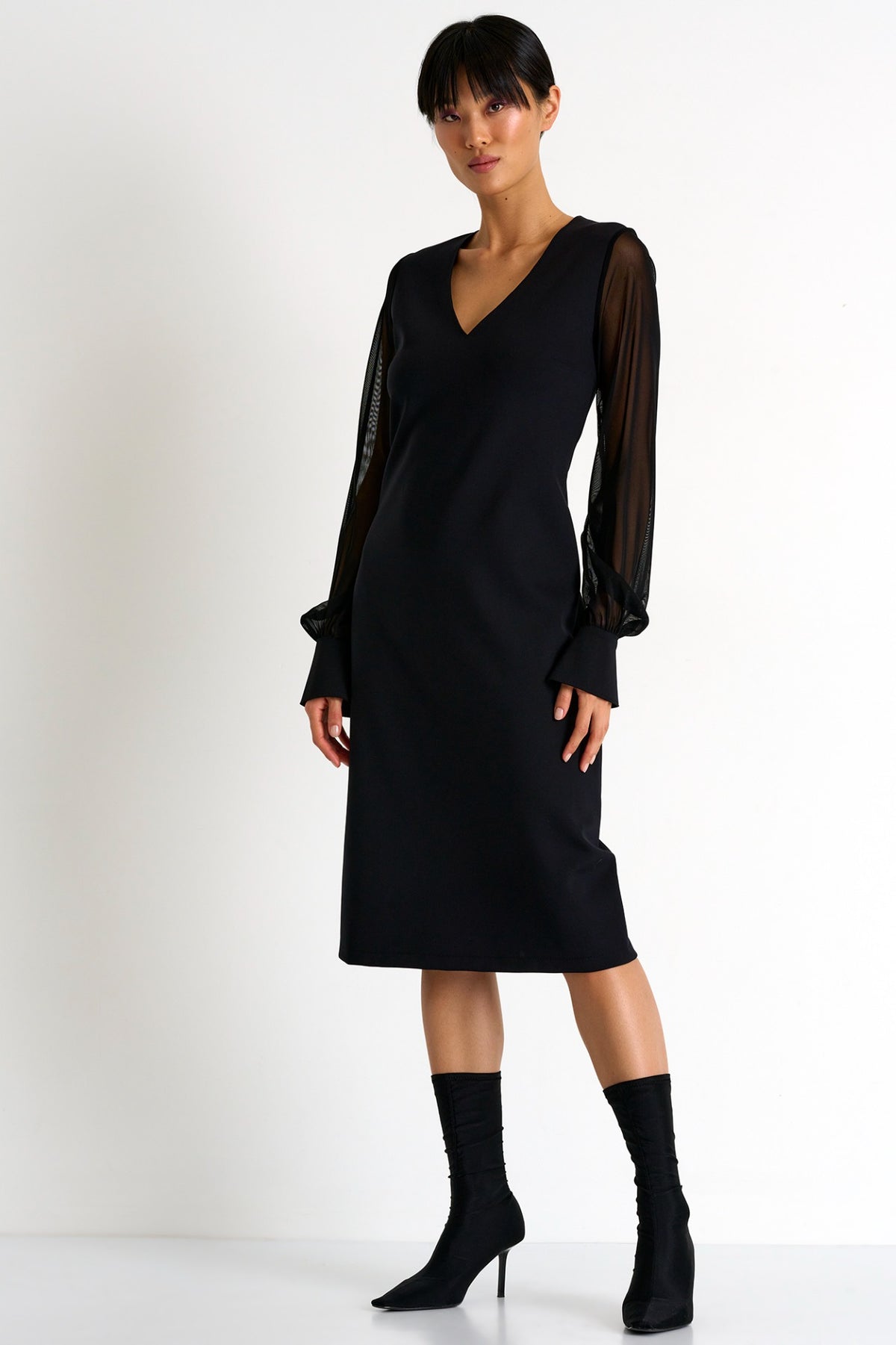 Sheer Long Sleeve Dress - Black