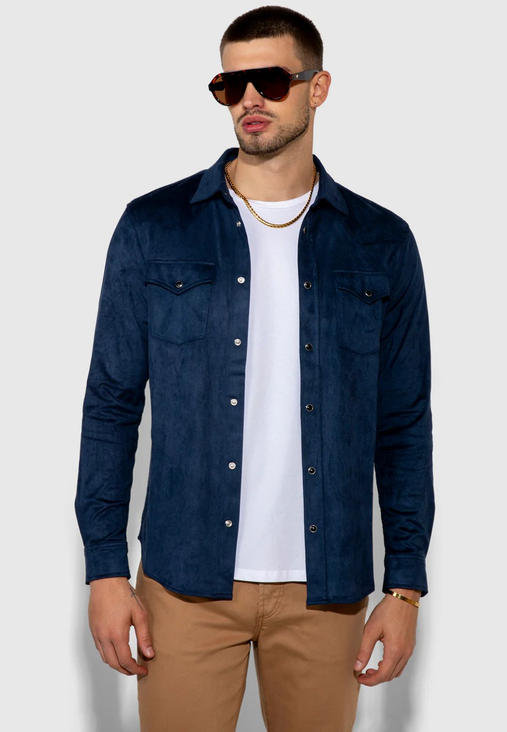 Eastwood Butter Suede Button-Down Shirt - Navy-M-MONFRÈRE-Levy's Clothier