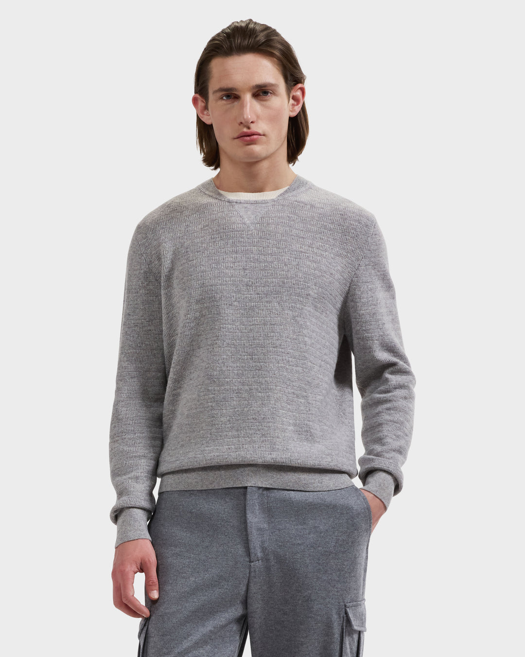 Grid Stitch Crewneck Sweater in Smoke Grey