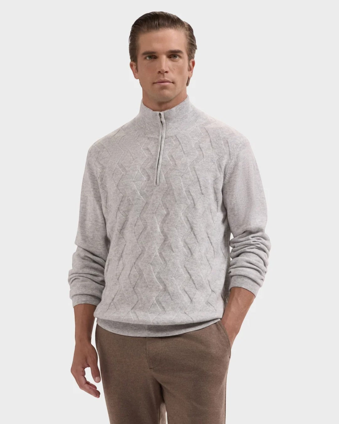Bugatchi Braided Chevron Quarter-Zip Sweater - Oatmeal-M-OATMEAL-BUGATCHI-Levy's Clothier