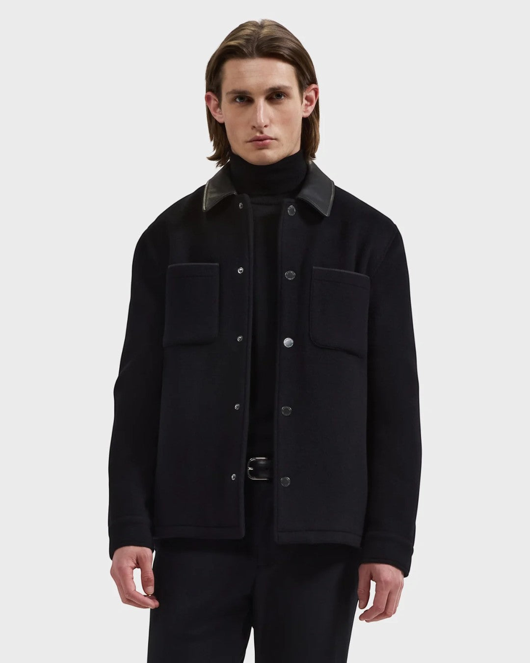 Overshirt Jacket with Leather Trim in Black-M-BLACK-BUGATCHI-Levy's Clothier