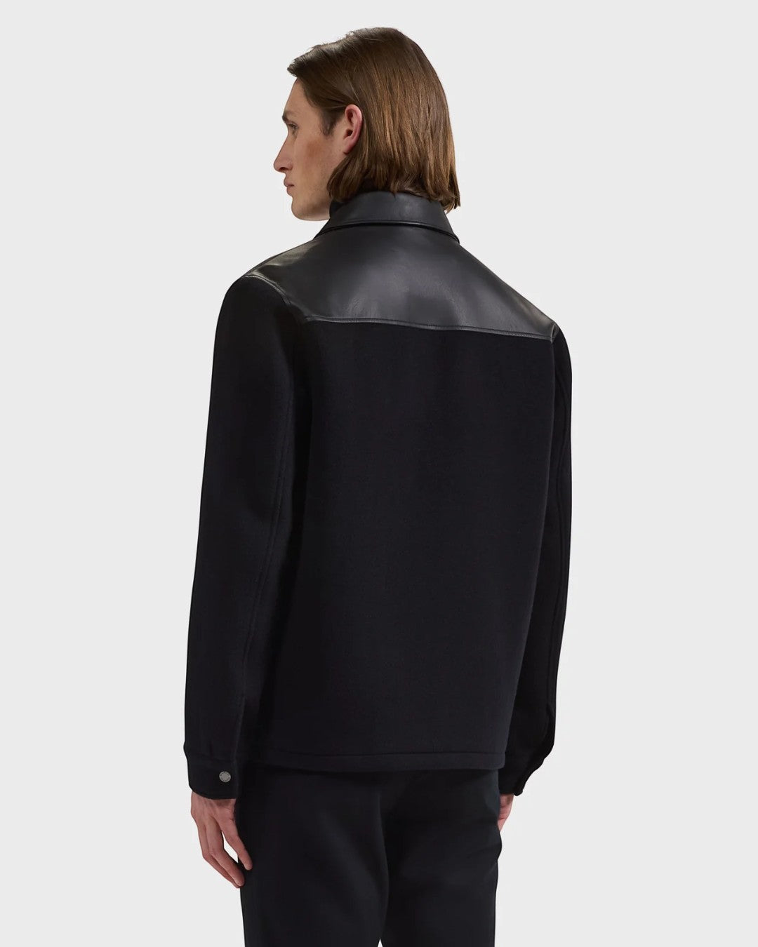 Overshirt Jacket with Leather Trim in Black-M-BLACK-BUGATCHI-Levy's Clothier