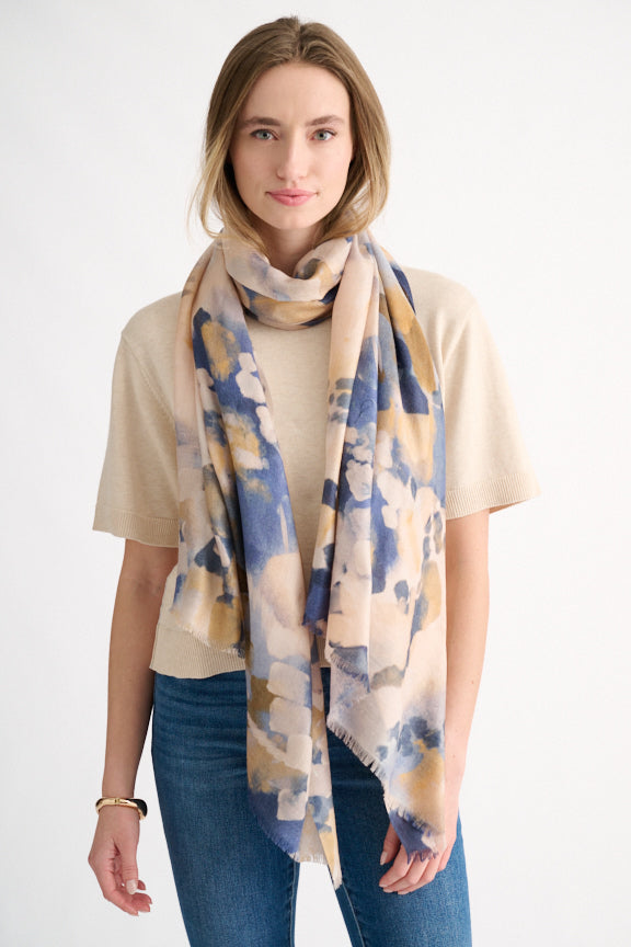 Kinross Cashmere Abstract Print Scarf - Navy