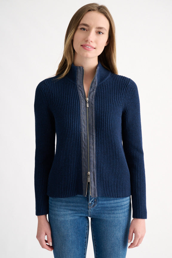DENIM TRIM ZIP MOCK SWEATER