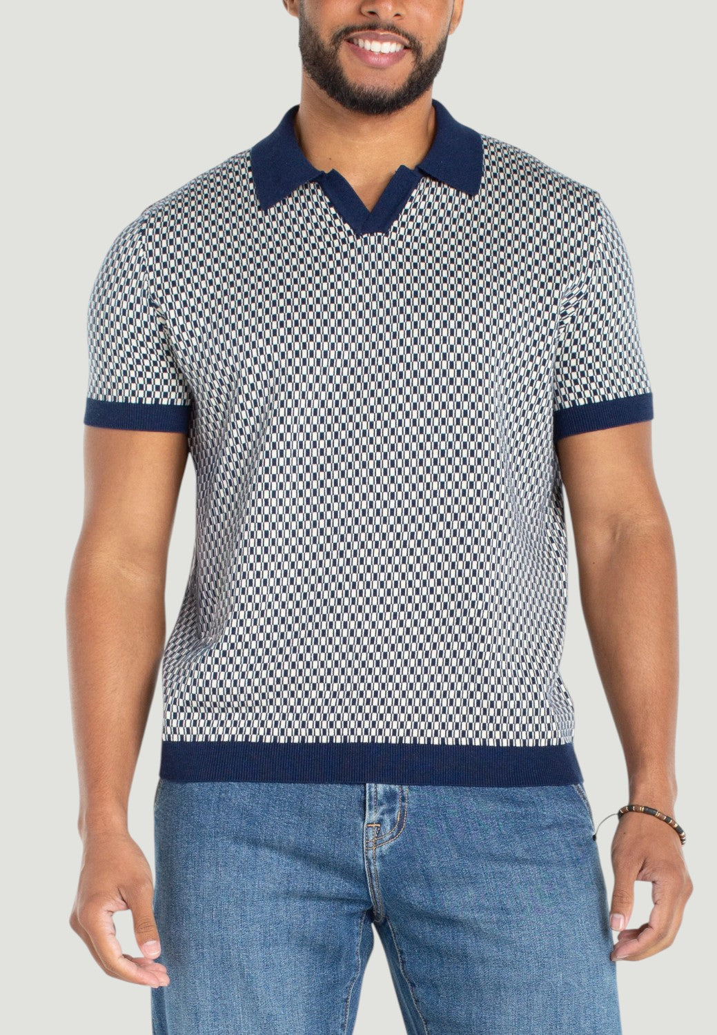 Men's Johnny Collar Sweater Knit Polo-XS-NAVY PARCHMENT-LIVERPOOL-Levy's Clothier