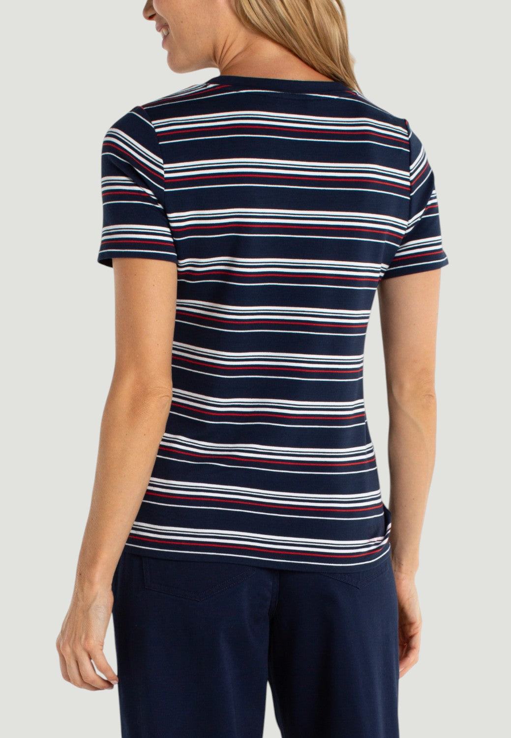 Short Sleeve V-neck Knit Tee-XS-WHITE CHERRY ROSE STRIPE-LIVERPOOL-Levy's Clothier