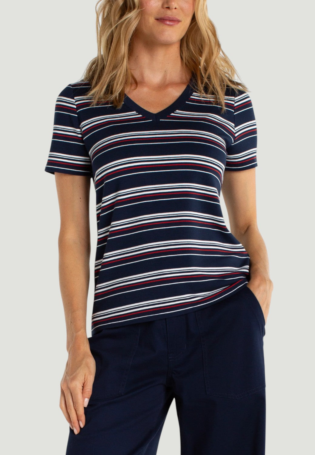 Short Sleeve V-neck Knit Tee-XS-DARK NAVY WHITE FIRE BRICK STRIPE-LIVERPOOL-Levy's Clothier