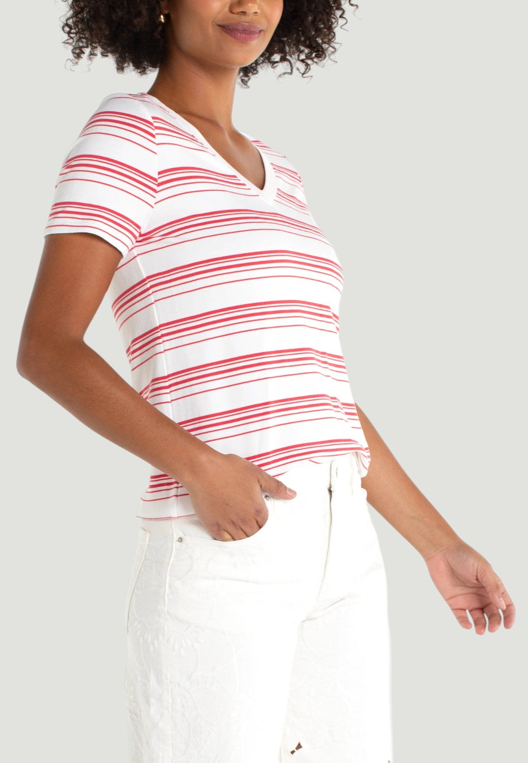 Short Sleeve V-neck Knit Tee-XS-WHITE CHERRY ROSE STRIPE-LIVERPOOL-Levy's Clothier