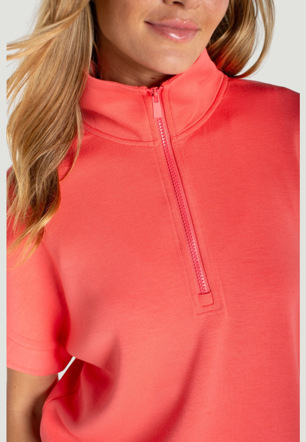 Half Zip Popover Top-XS-SUNSET CORAL-LIVERPOOL-Levy's Clothier