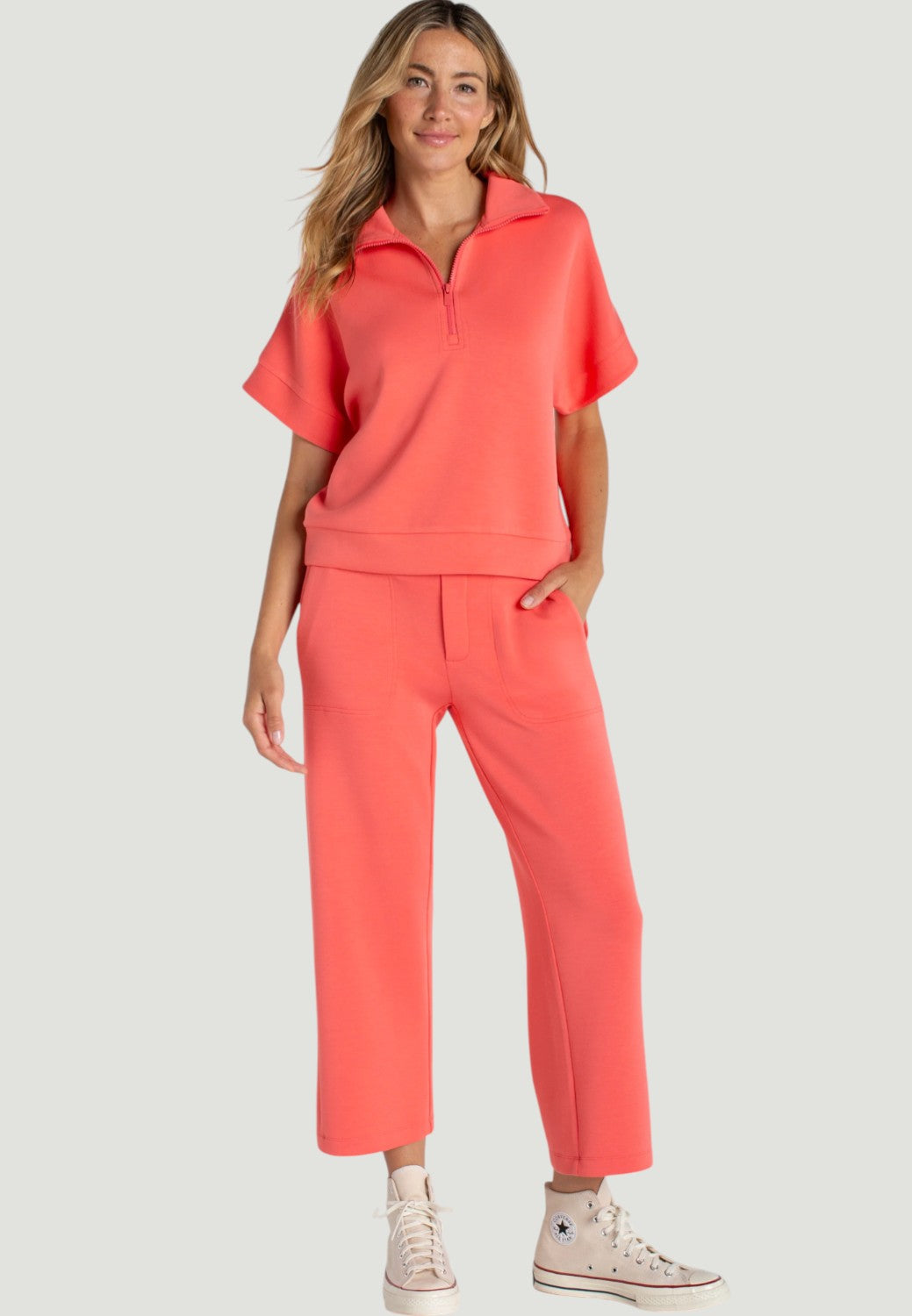 Half Zip Popover Top-XS-SUNSET CORAL-LIVERPOOL-Levy's Clothier