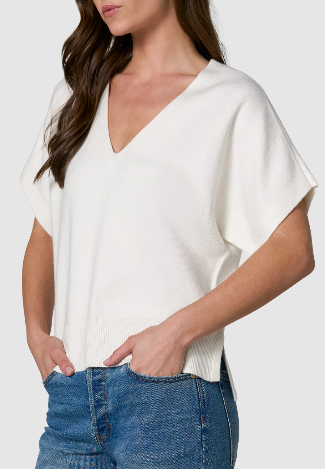 Short Sleeve V-Neck Dolman Popover Sweater with Step Hem-XS-WHIPPED CREAM-LIVERPOOL-Levy's Clothier