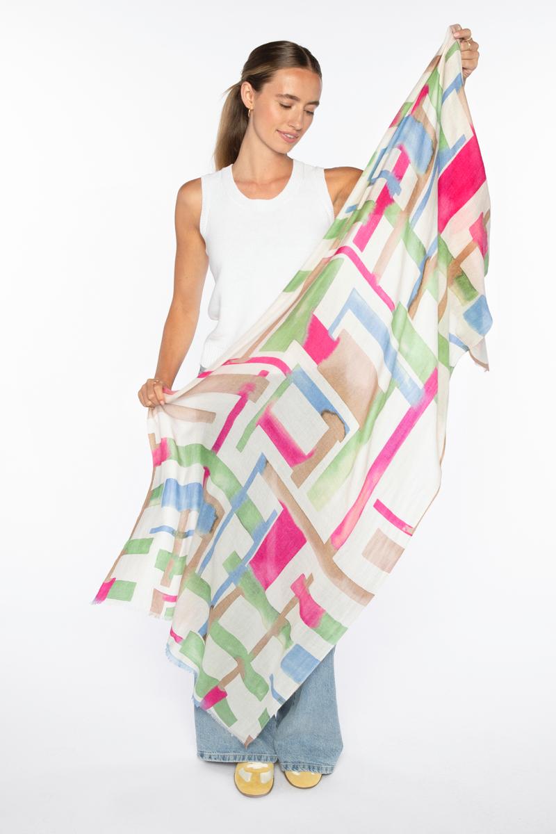 GEO PRINT SCARF-DAHLIA MULTI-OS-Kinross Cashmere-Levy's Clothier