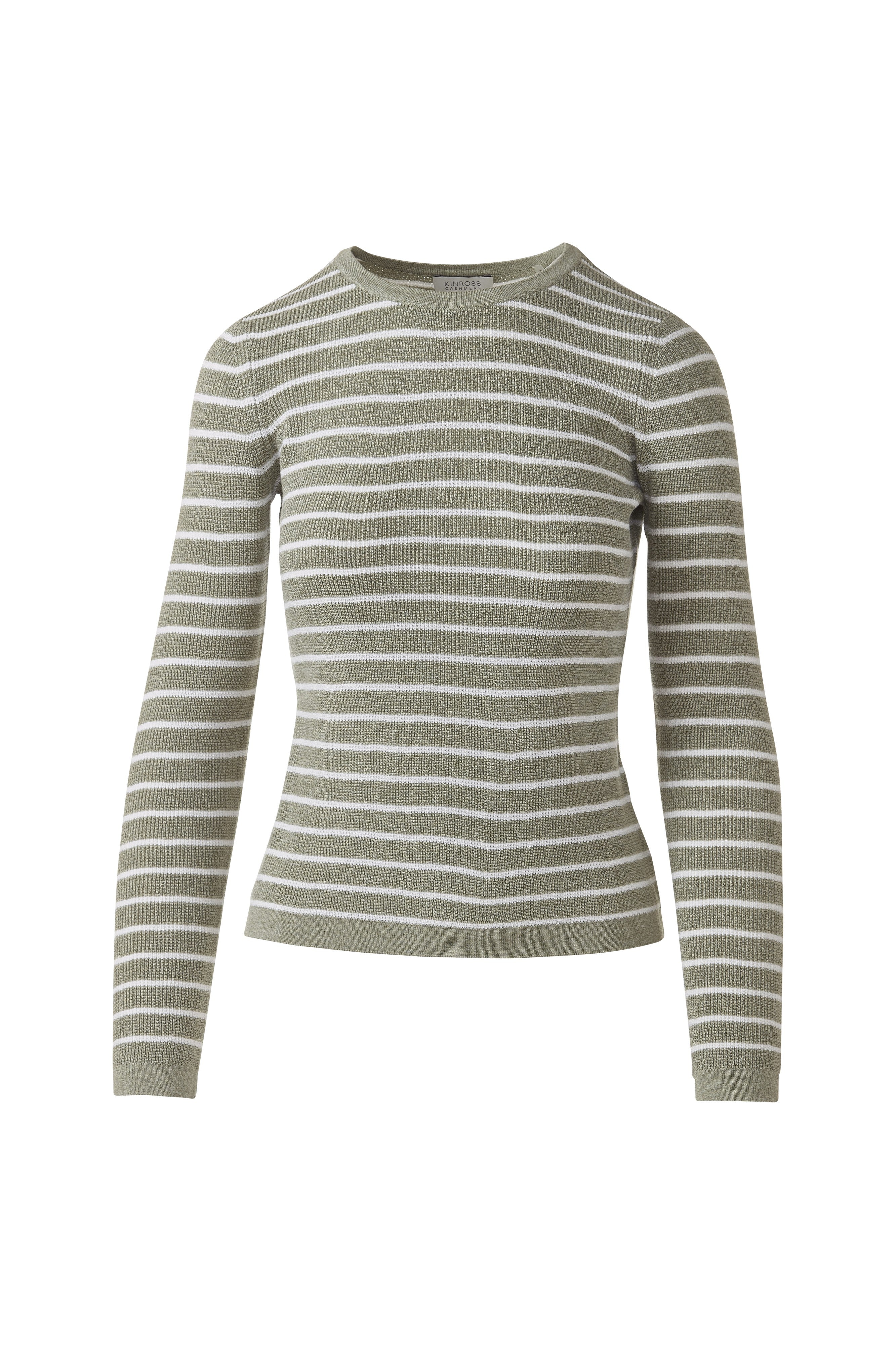 TEXTURE STRIPE CREW-SAGE/WHITE-XS-Kinross Cashmere-Levy's Clothier