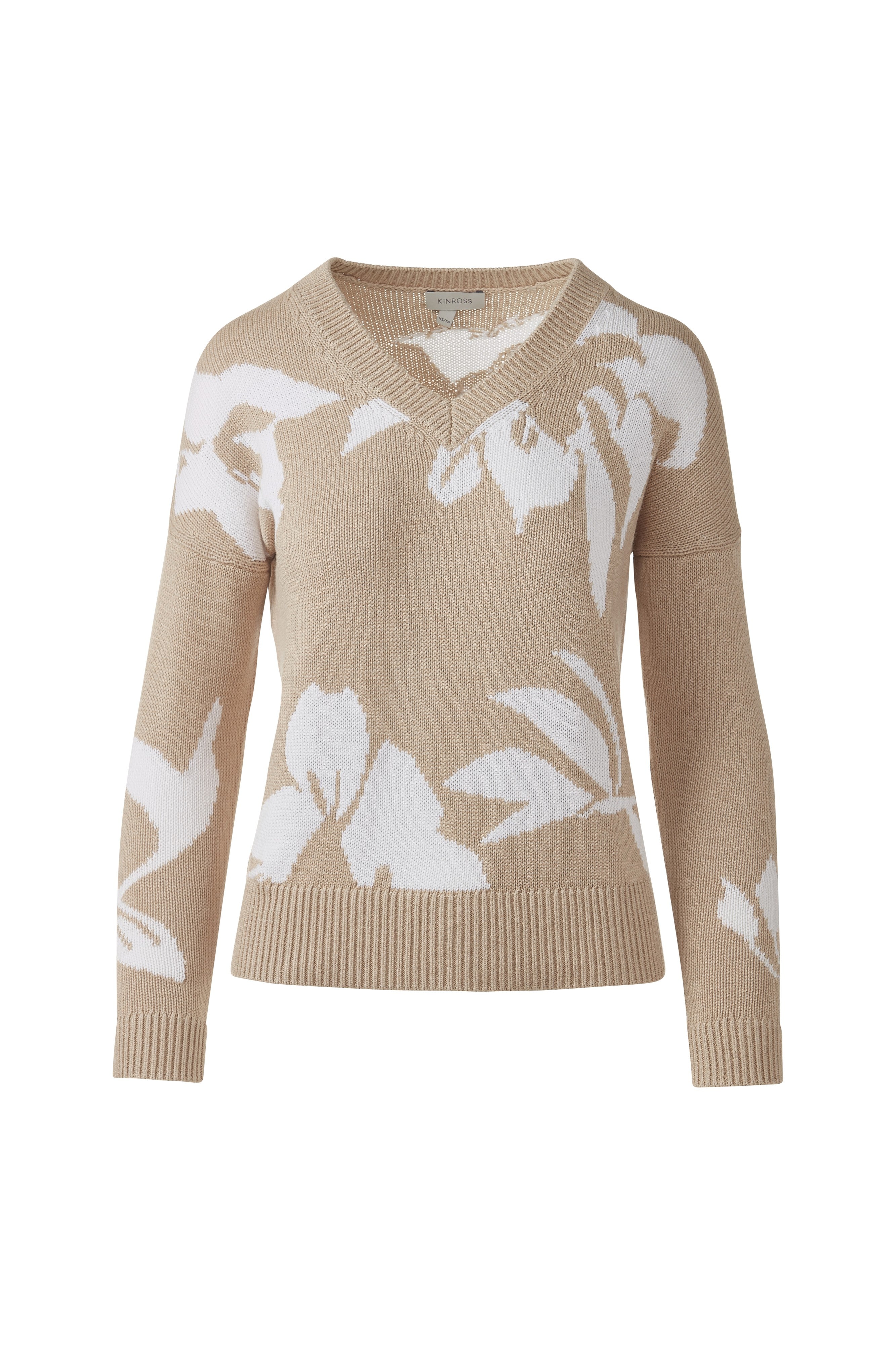 INTARSIA EASY VEE-STRAW/WHITE-XS-Kinross Cashmere-Levy's Clothier