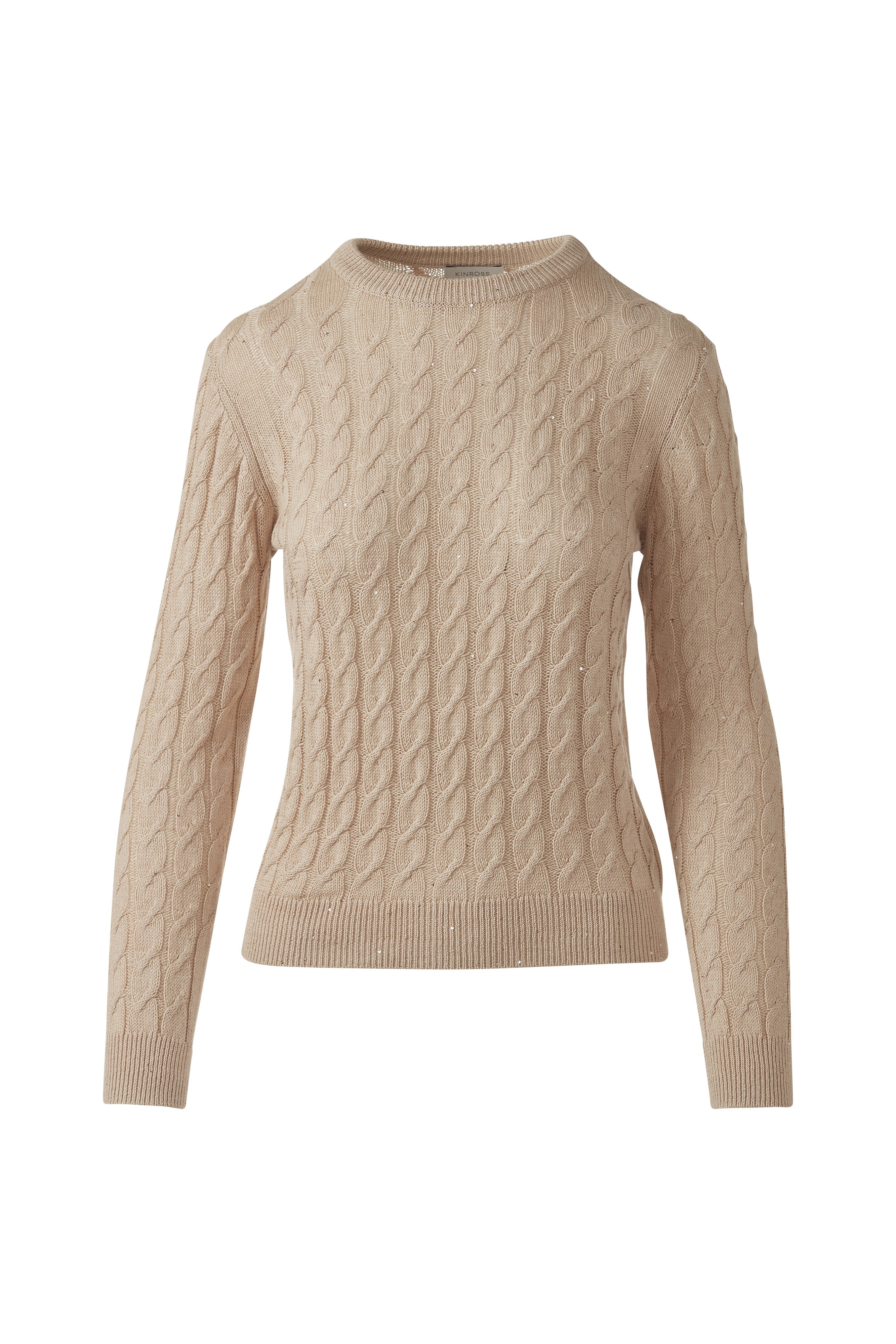 FEATHERWEIGHT SEQUIN CABLE CREW-STRAW-XS-Kinross Cashmere-Levy's Clothier