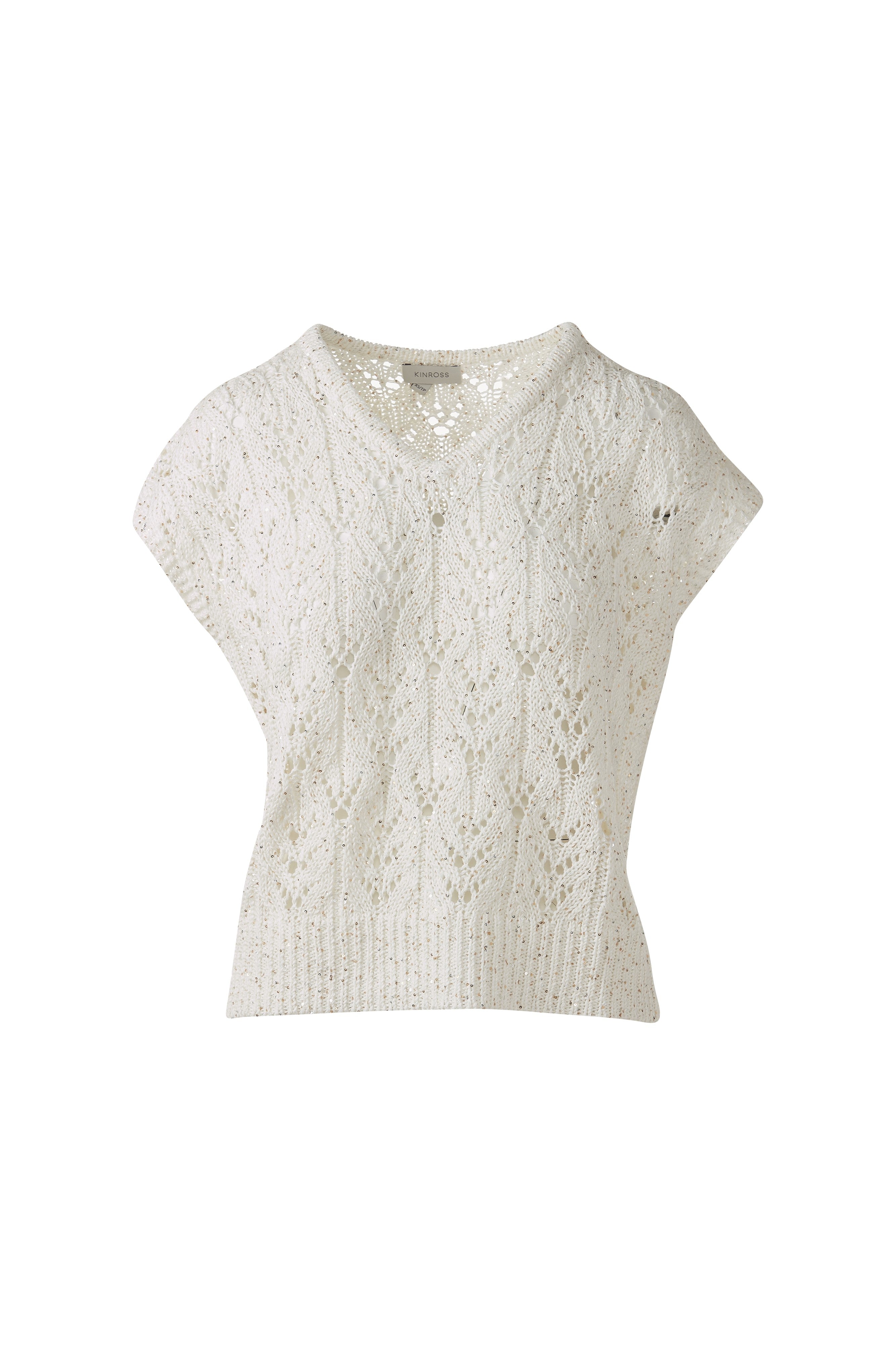 SEQUIN CAP SLEEVE OPENWORK VEE-CHALK-XS-Kinross Cashmere-Levy's Clothier