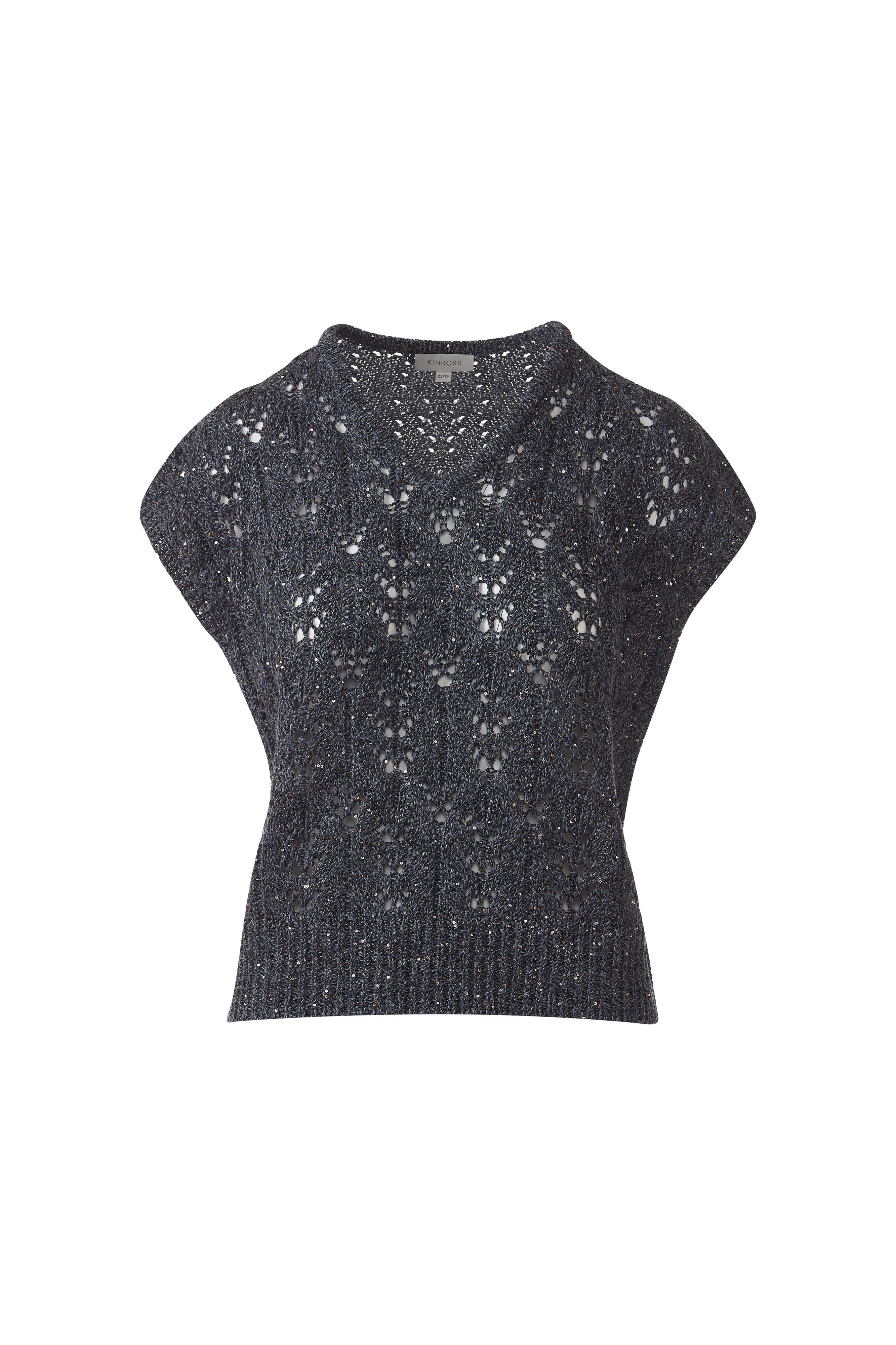 SEQUIN CAP SLEEVE OPENWORK VEE-INDIGO-XS-Kinross Cashmere-Levy's Clothier