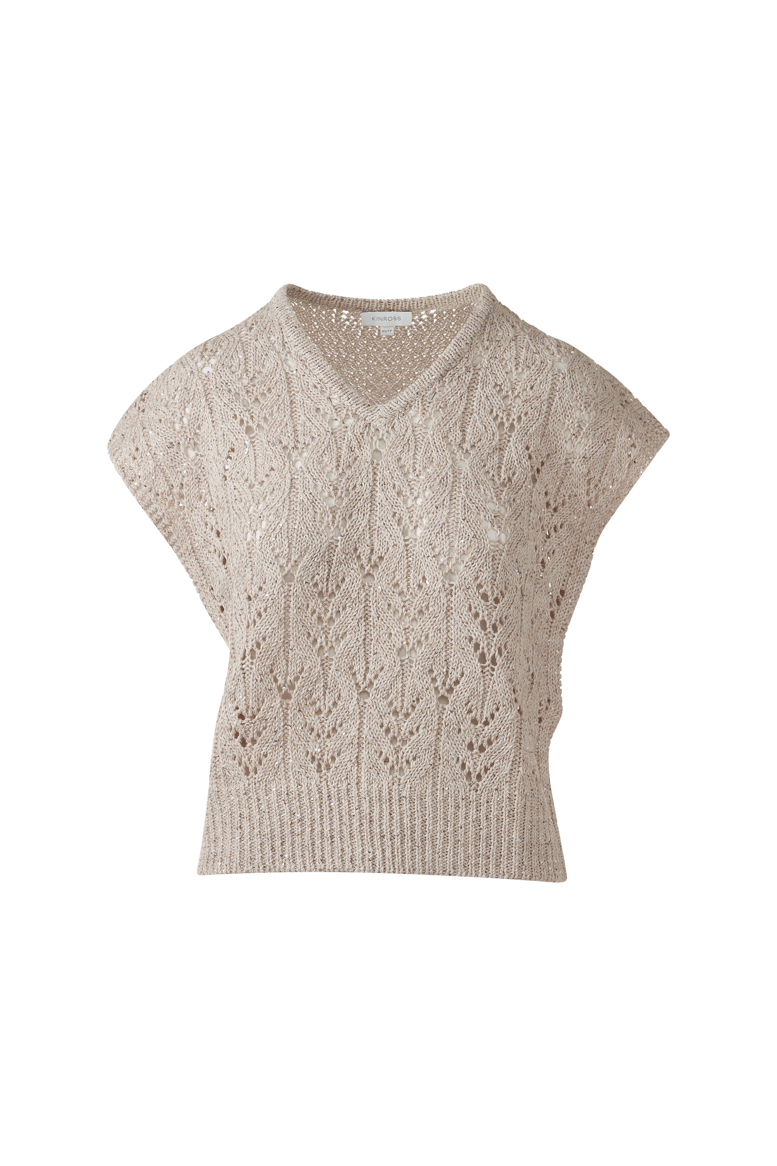 SEQUIN CAP SLEEVE OPENWORK VEE-STRAW-XS-Kinross Cashmere-Levy's Clothier