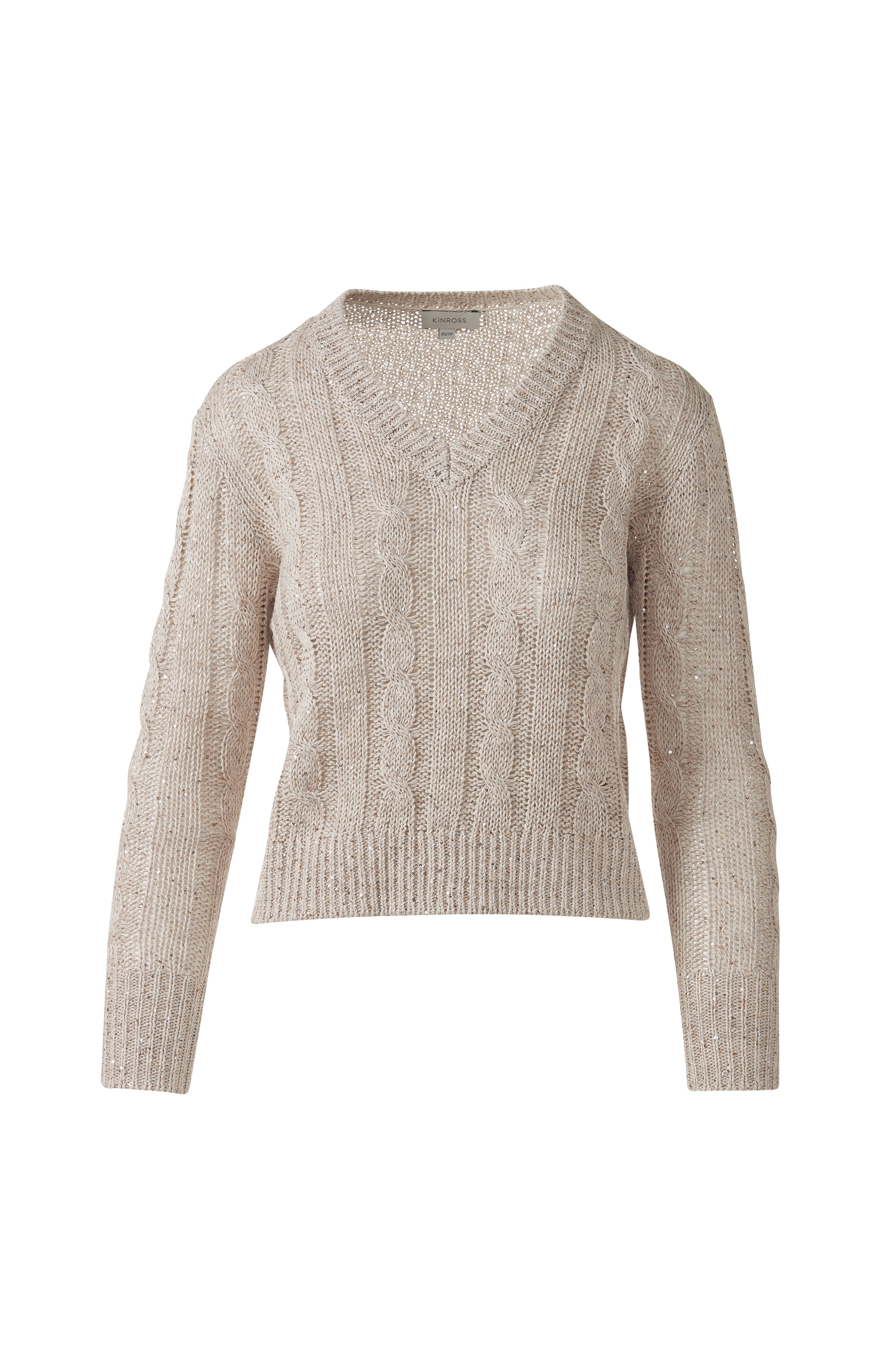 SEQUIN CABLE VEE-STRAW-XS-Kinross Cashmere-Levy's Clothier