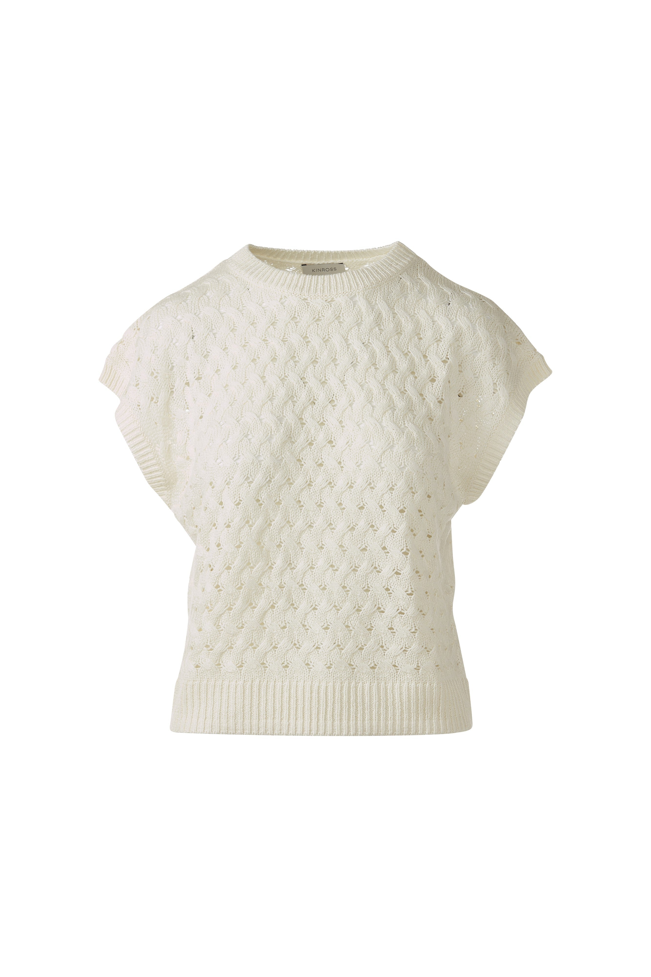 BRAIDED CABLE SLEEVELESS CREW-CHALK-XS-Kinross Cashmere-Levy's Clothier