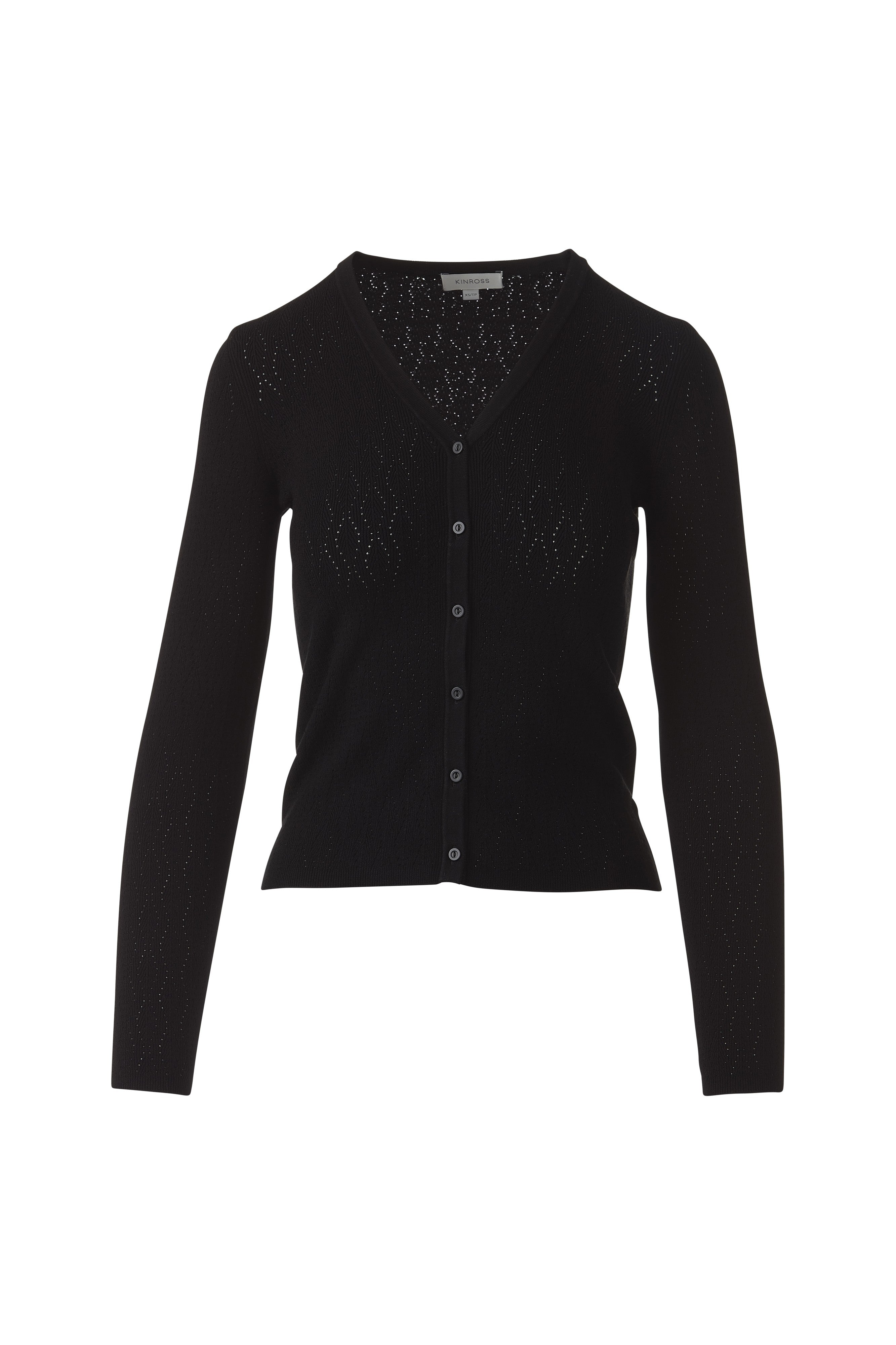 POINTELLE BUTTON FRONT VEE-BLACK-XS-Kinross Cashmere-Levy's Clothier