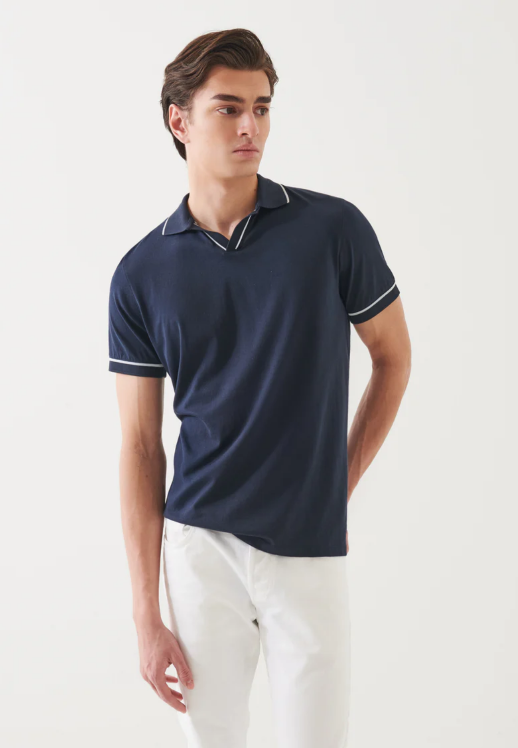 Mercerized Pima Cotton Tipped Open Polo-M-MIDNIGHT-PATRICK ASSARAF-Levy's Clothier