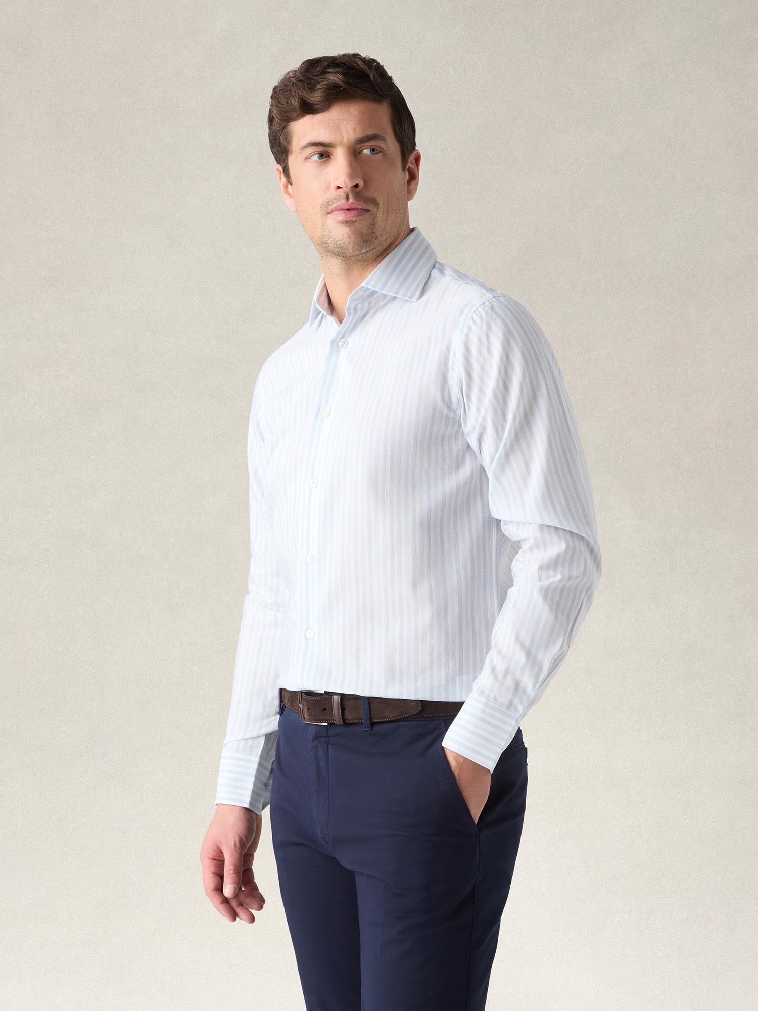 Reynolds Blue Multi Thin Stripe Cotton Linen Blend Shirt in Contemporary Fit-15.75-BLUE-ROBERT TALBOTT-Levy's Clothier