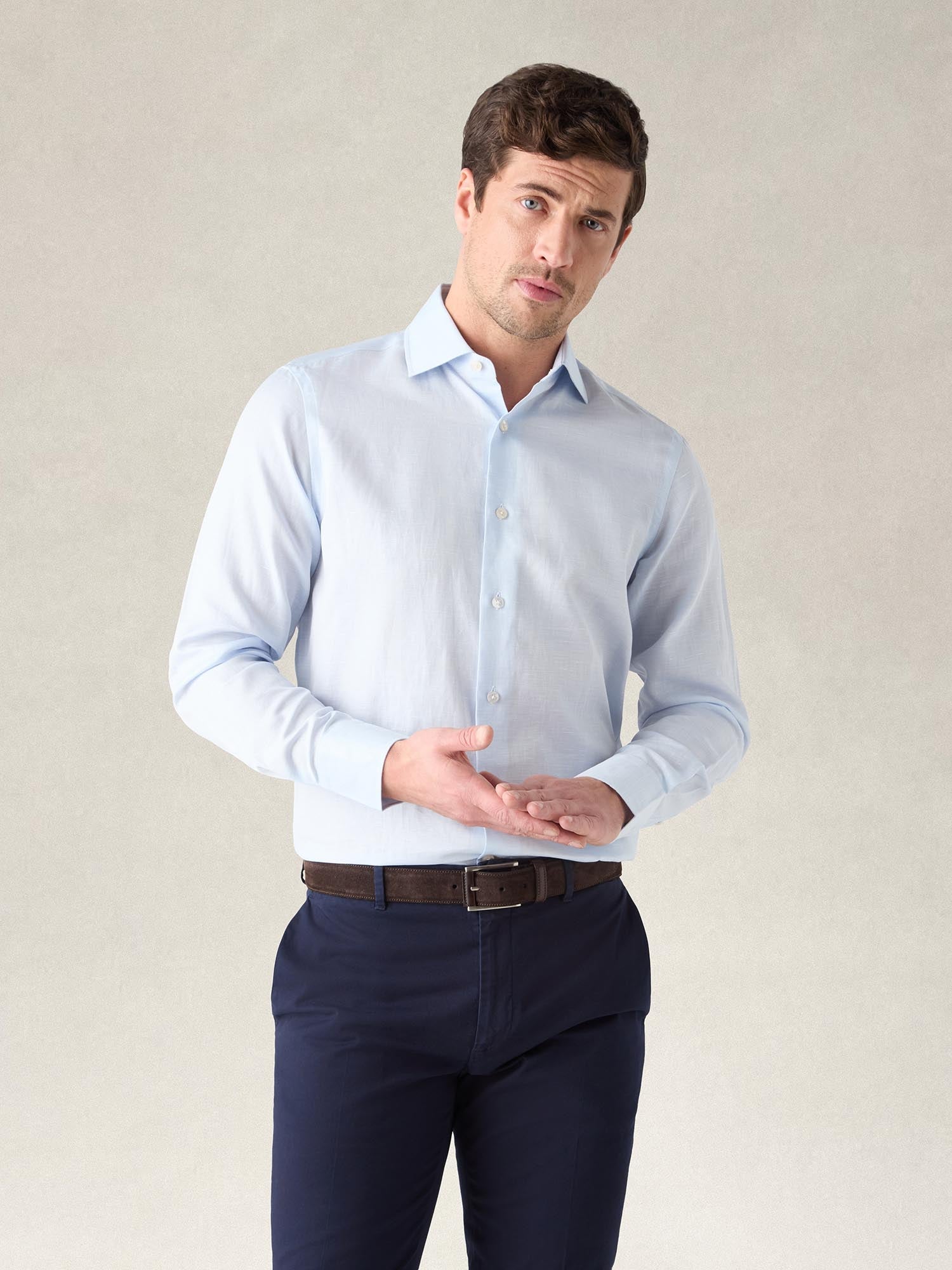 Reynolds Cotton Linen Blend Shirt in Contemporary Fit-S-BLUE-ROBERT TALBOTT-Levy's Clothier