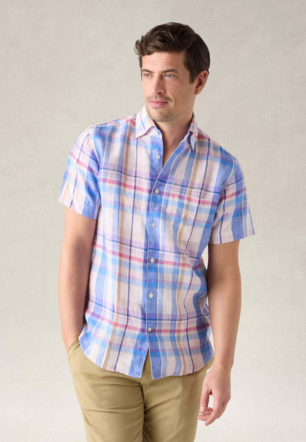 Morgan Plaid Linen Short Sleeve Shirt-S-PINK MULTI-ROBERT TALBOTT-Levy's Clothier