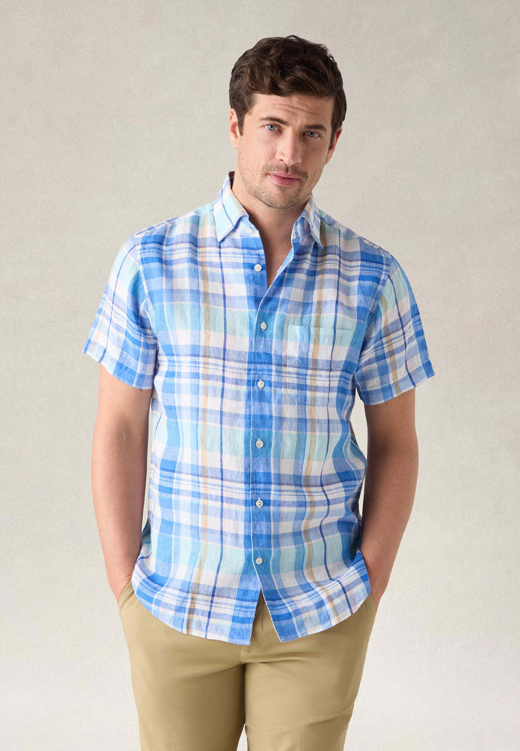 Morgan Plaid Linen Short Sleeve Shirt-S-AQUA MULTI-ROBERT TALBOTT-Levy's Clothier