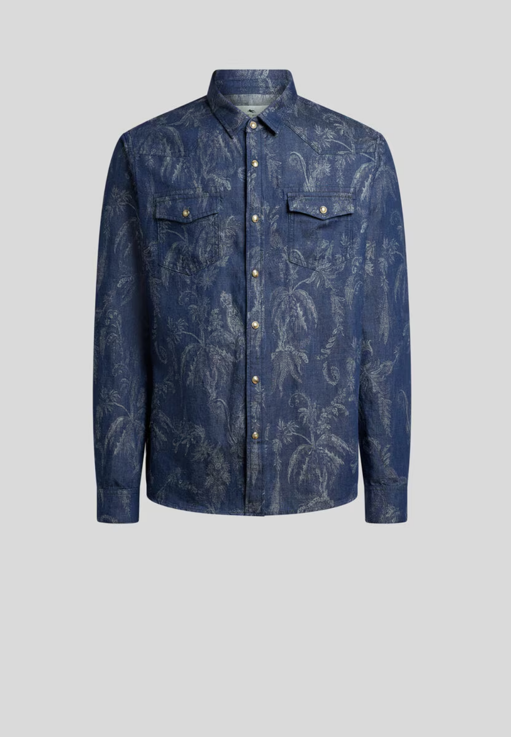 Cotton and Linen Jacquard Denim Shirt with Parrot and Palm Tree Motif-M-BLUE-ETRO-Levy's Clothier