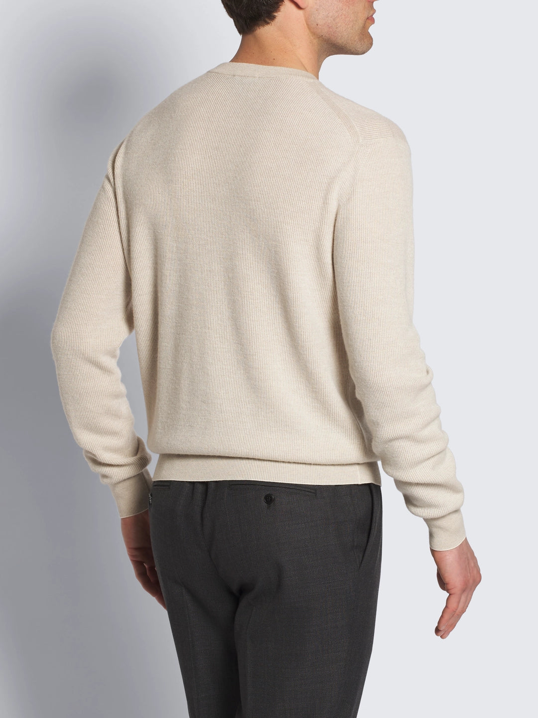 Beige and White Cashmere and Wool Crewneck Sweater