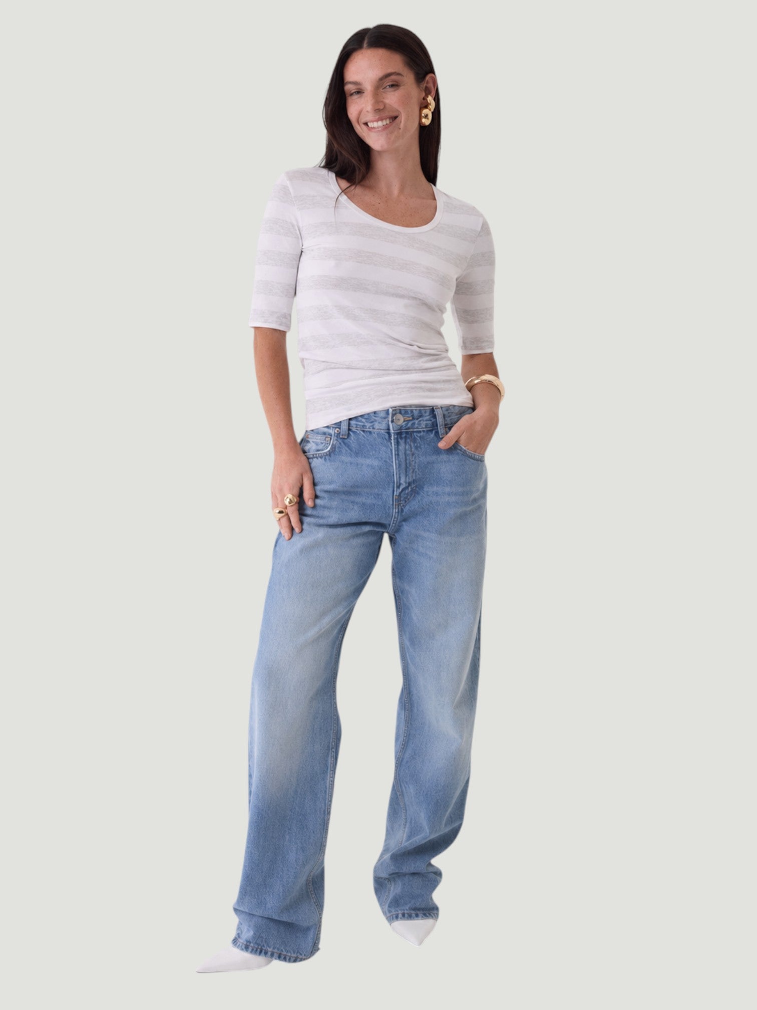 Soft Touch Stripe Elbow Sleeve Scoopneck - Ecru Chine-XS-ECRU CHINE-MAJESTIC TEES-Levy's Clothier