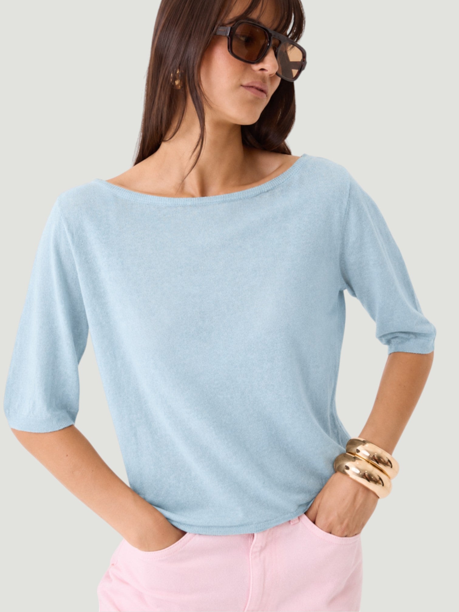Linen Knit Elbow Sleeve Boatneck - Bleu Calanques-XS-MAJESTIC INTL.-Levy's Clothier