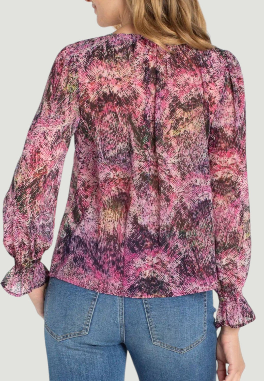Longsleeve Button Front Top with Smocking - Pink Multi Starburst-XS-LIVERPOOL-Levy's Clothier