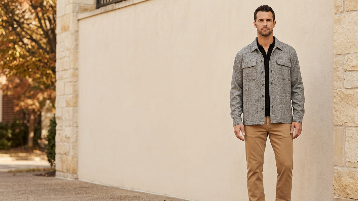 Warm Nashville fall banner featuring the gray overshirt and tan trousers