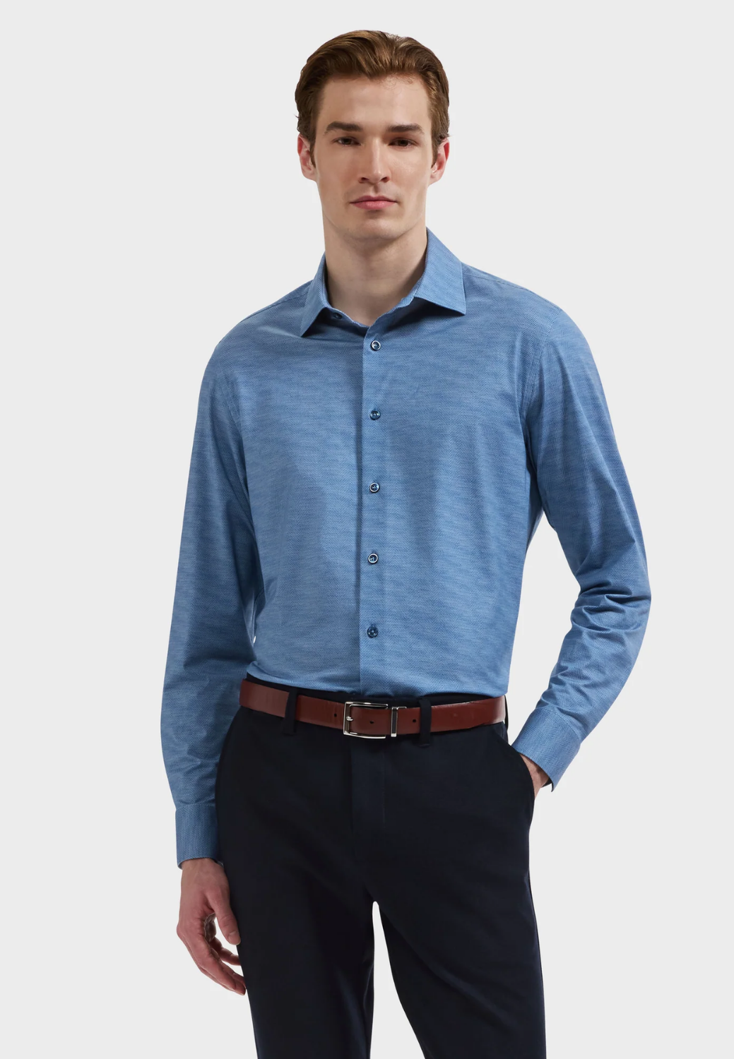 James OoohCotton Herringbone Shirt-S-Marine Blue-BUGATCHI-Levy's Clothier