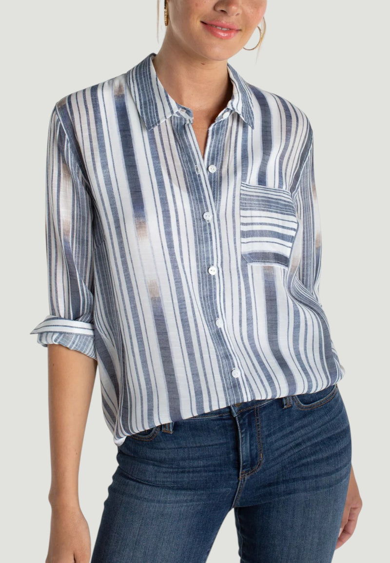 Long Sleeve Button Front Woven Shirt - White Chambray Stripe-XS-WHITE CHAMBRAY-LIVERPOOL-Levy's Clothier