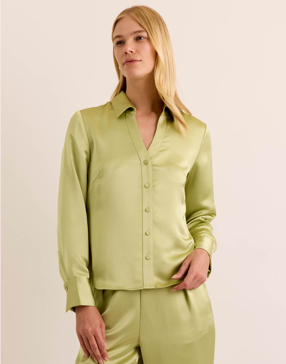 Hinson Wu Lindsey Long Sleeve Liquid Satin Shirt-XS-Pistachio-HINSON WU-Levy's Clothier
