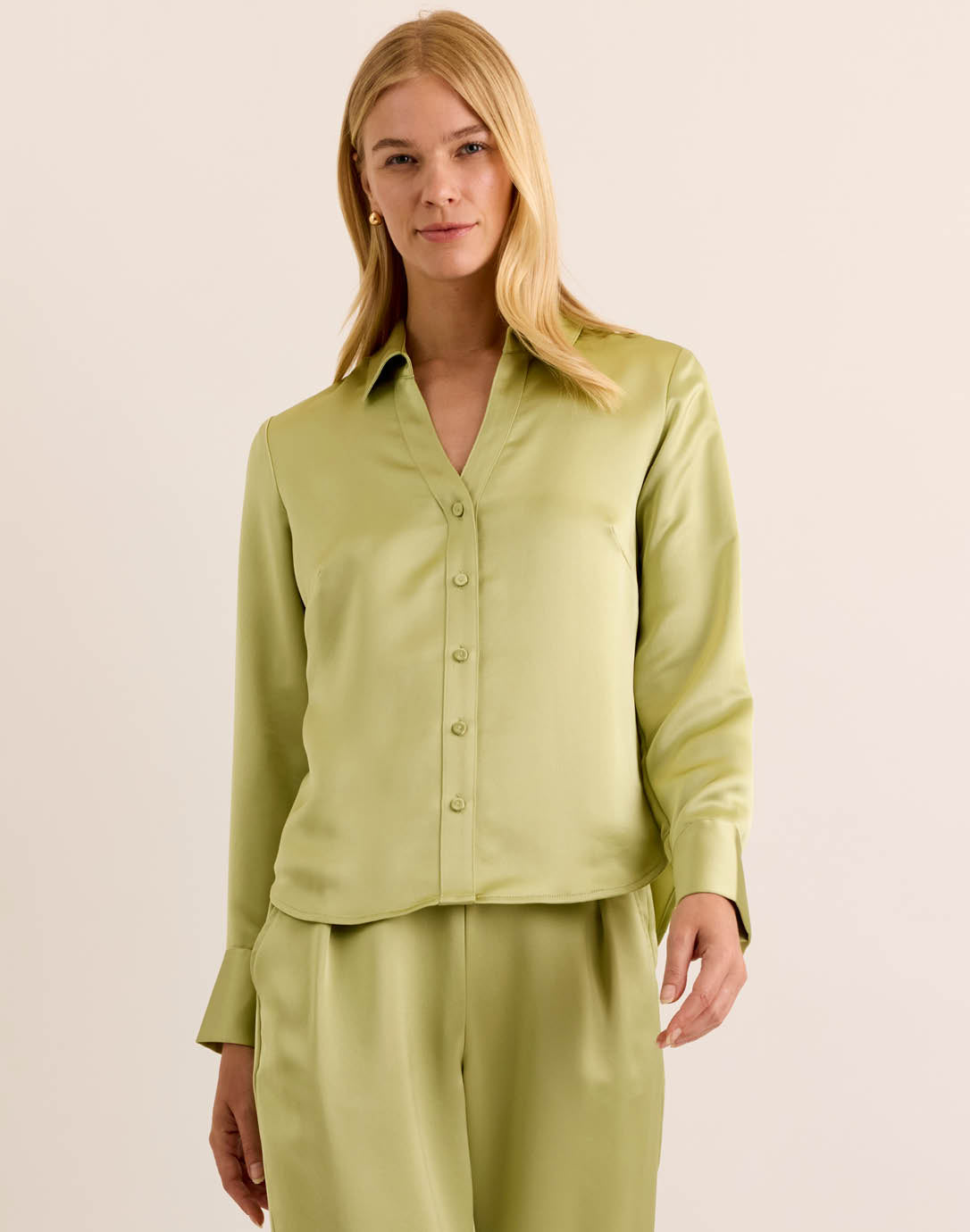 Hinson Wu Lindsey Long Sleeve Liquid Satin Shirt-XS-Pistachio-HINSON WU-Levy's Clothier