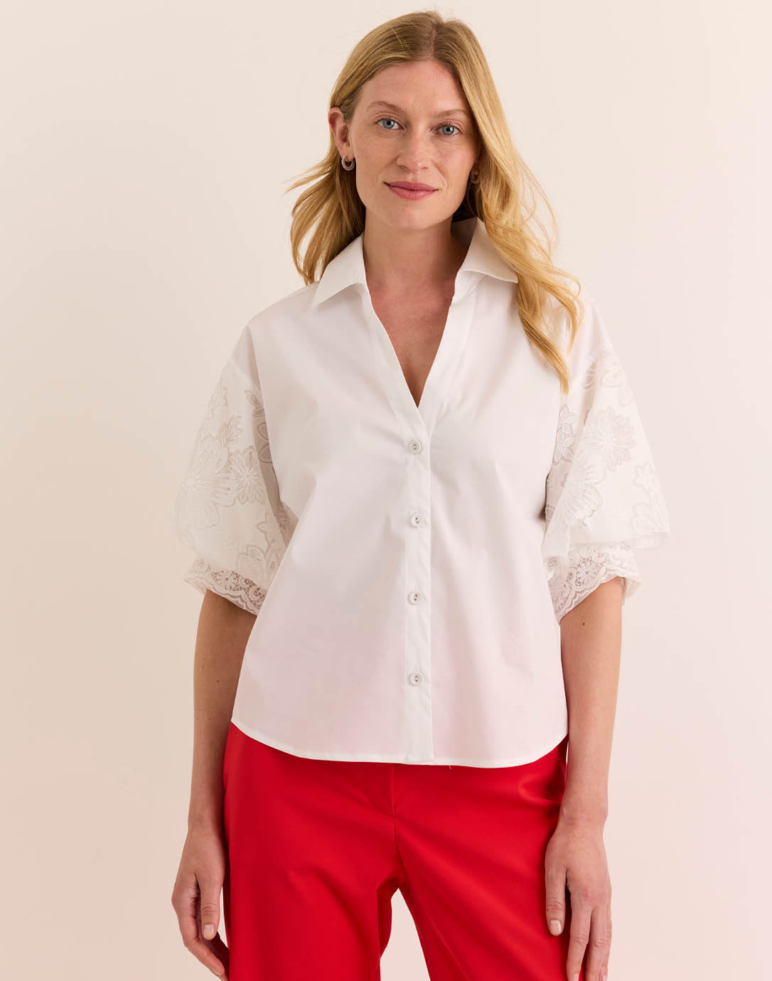 Lilian Elbow Sleeve Floral Mesh Shirt-XS-White-HINSON WU-Levy's Clothier