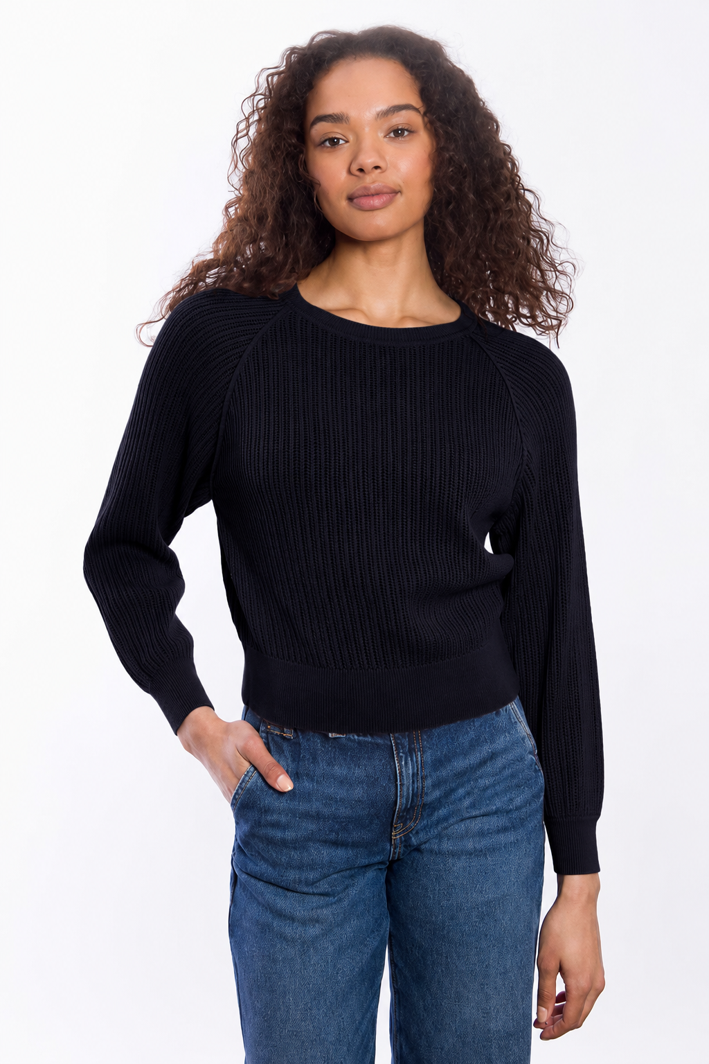 POINTELLE RAGLAN PULLOVER - BLACK