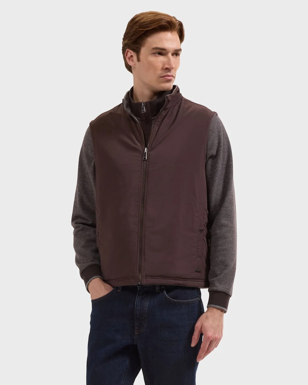 Reversible Micro Stripe Zip Knit Vest in Chocolate-M-Chocolate-BUGATCHI-Levy's Clothier