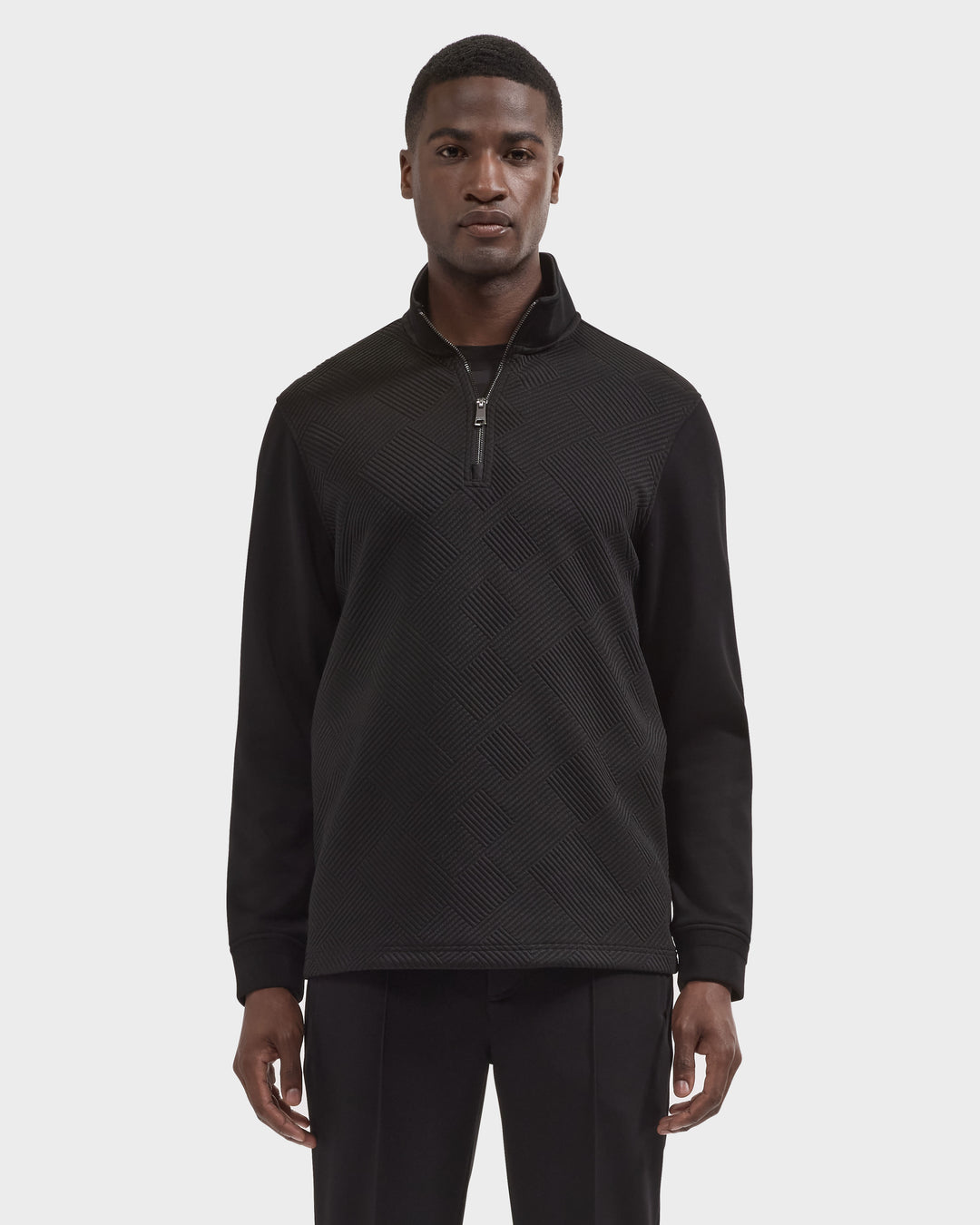 Soft Touch Geometric Jacquard Quarter-Zip Pullover in Black